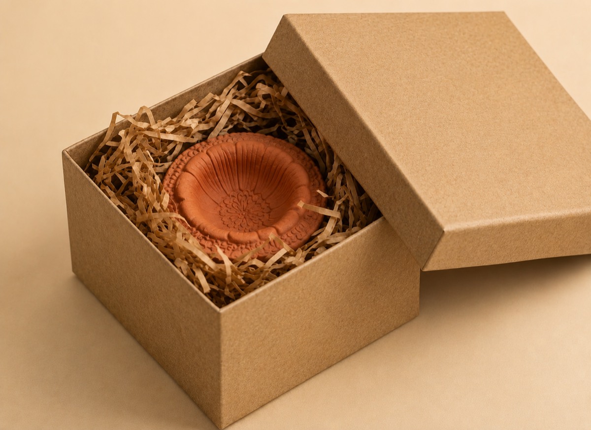 Terracotta diya packed in a kraft gift box with straw padding