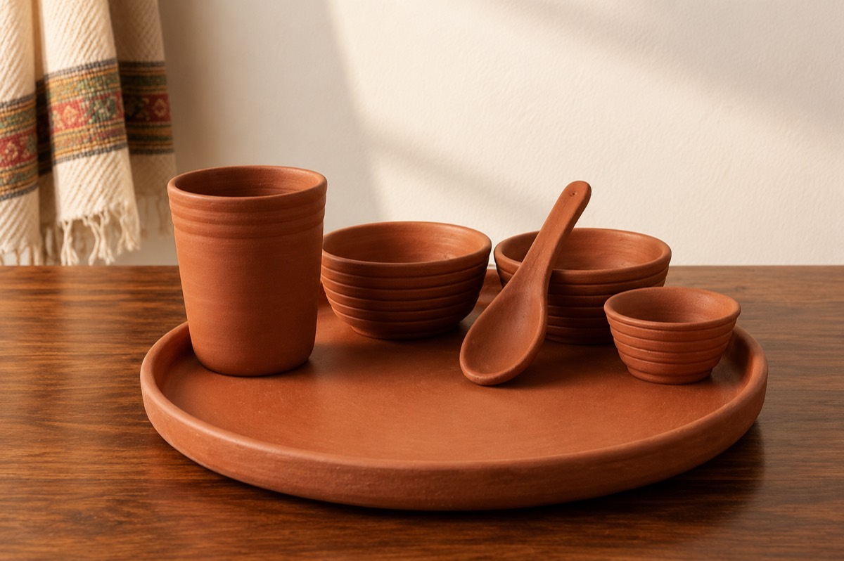 Terracotta dinner set with plate, glass, bowls and spoon