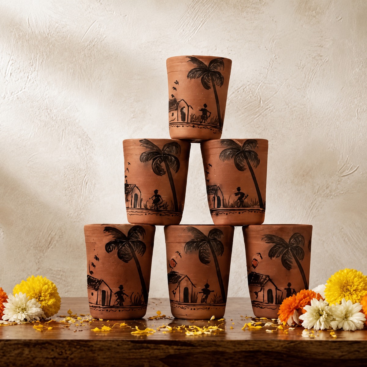 Six Warli art hand-painted clay kulhad glasses stacked in a pyramid