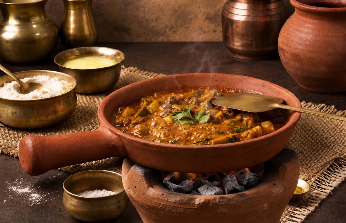 Rustic clay serving pot with curry over a traditional stove