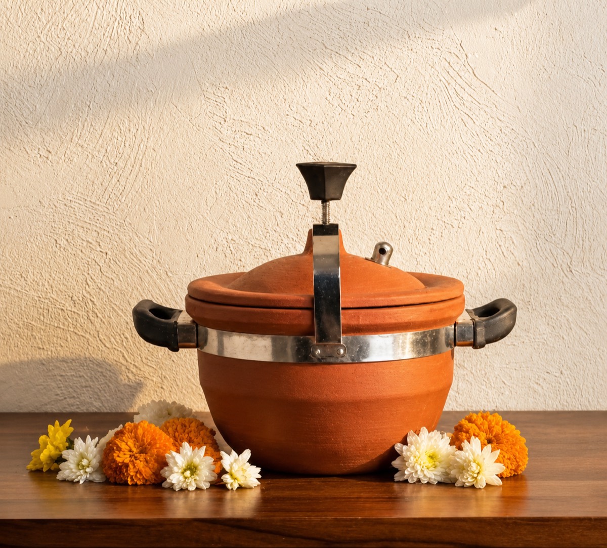 Clay pressure cooker with steel band and whistle