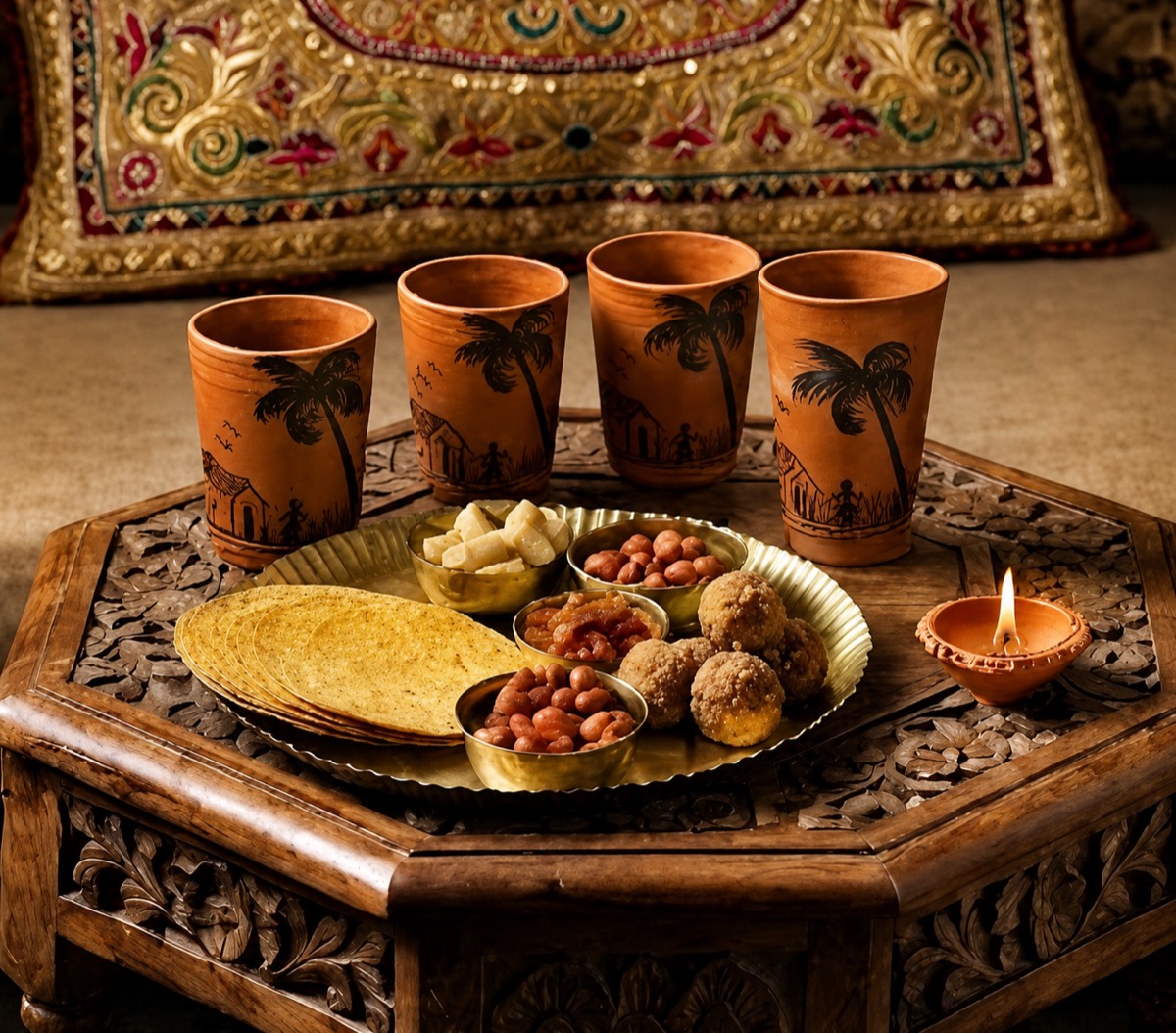 Warli painted clay glasses served with traditional snacks on a carved wooden table