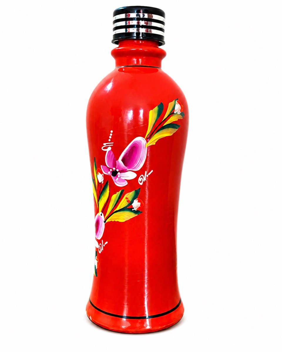 Clay bottle hand-painted with a custom floral design, shown from the side