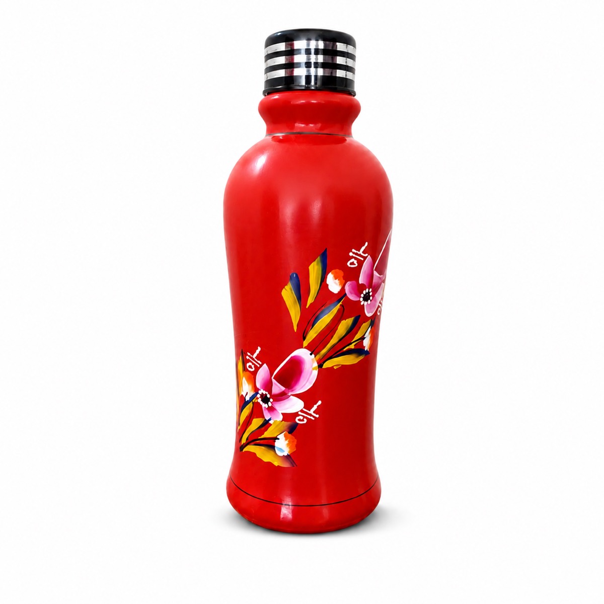 Red hand-painted clay water bottle with floral motif, 750ml