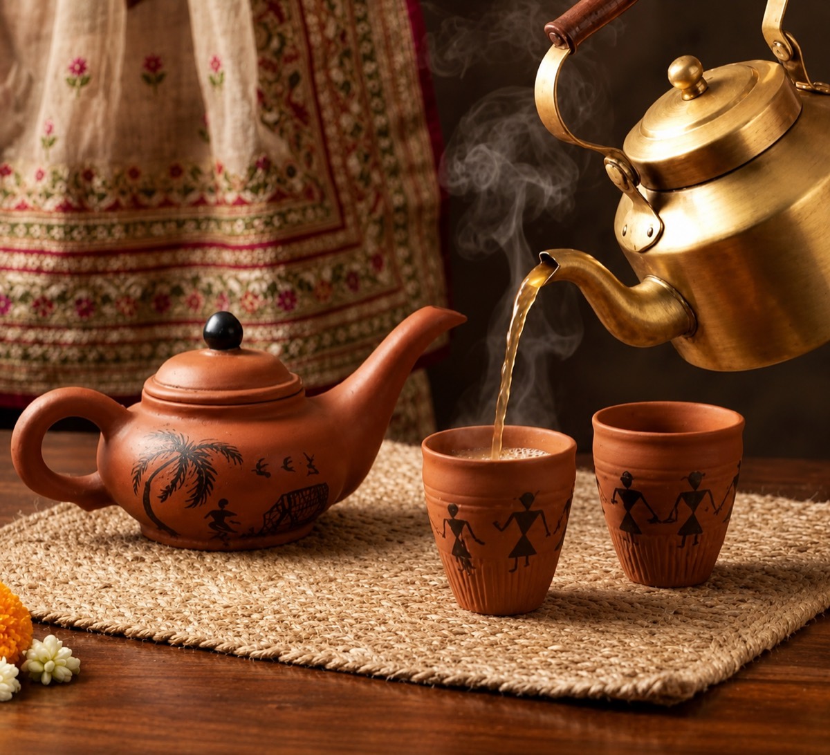 Tea poured from a brass kettle into hand-painted Warli clay kulhads beside a clay teapot